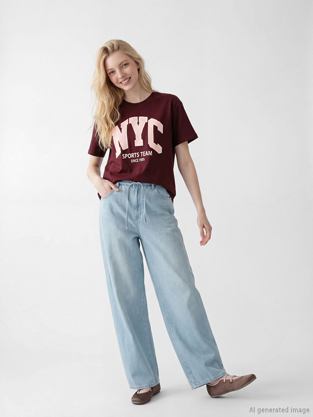 Bordo Bisiklet Yaka NYC Baskılı Kadın Tişört-1