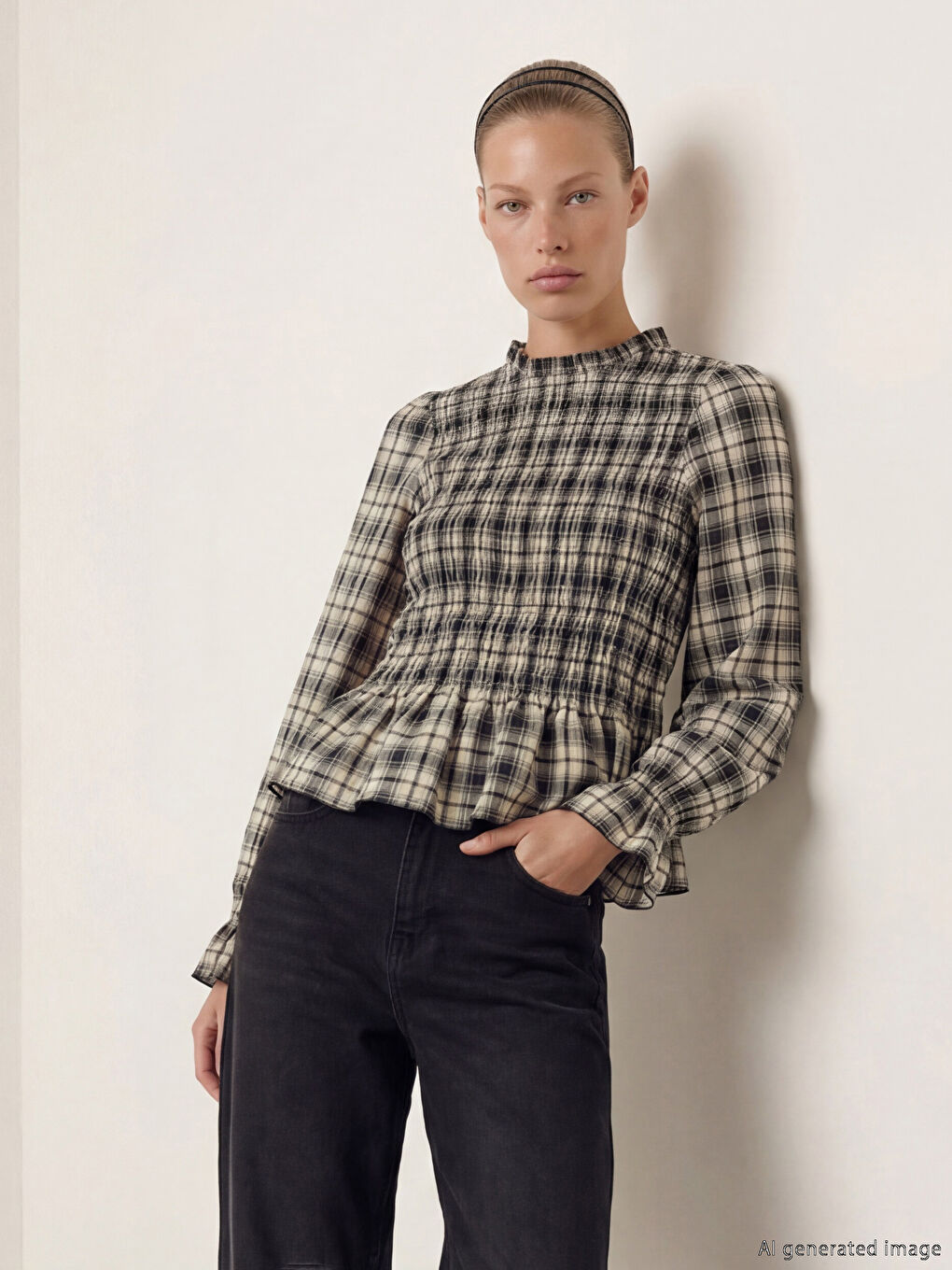 Kahverengi Dik Yaka Ekose Fırfırlı Bluz