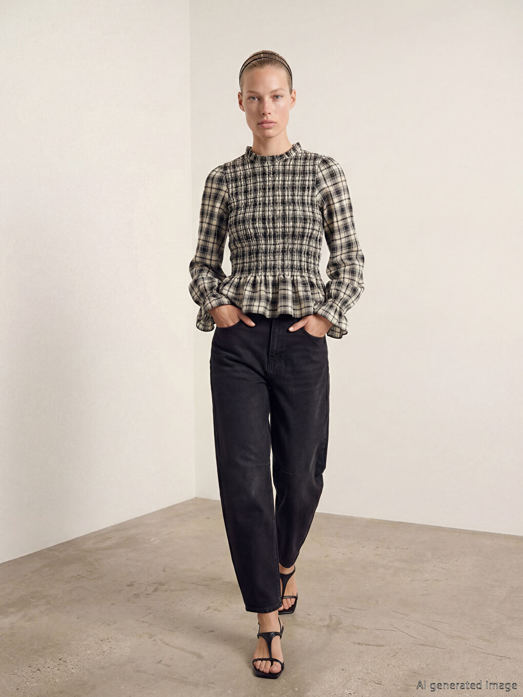 Kahverengi Dik Yaka Ekose Fırfırlı Bluz-1