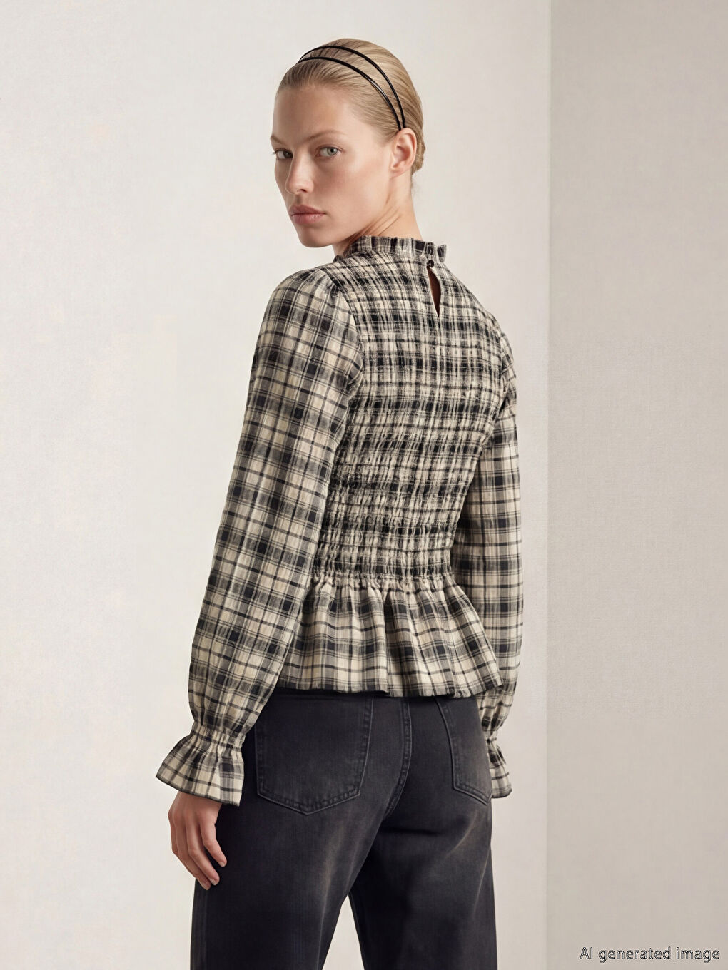 Kahverengi Dik Yaka Ekose Fırfırlı Bluz-2