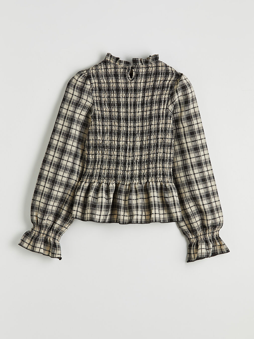 Kahverengi Dik Yaka Ekose Fırfırlı Bluz-4