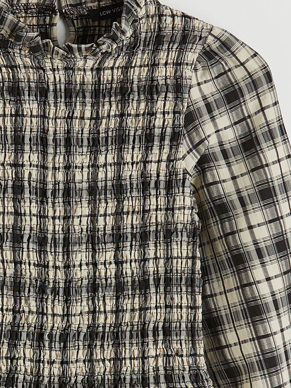 Kahverengi Dik Yaka Ekose Fırfırlı Bluz-5