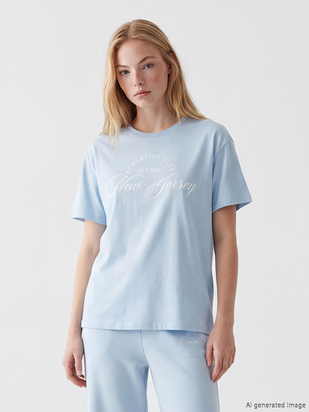 дөңгелек жағалы нью-джерси принтті әйелдер футболкасы