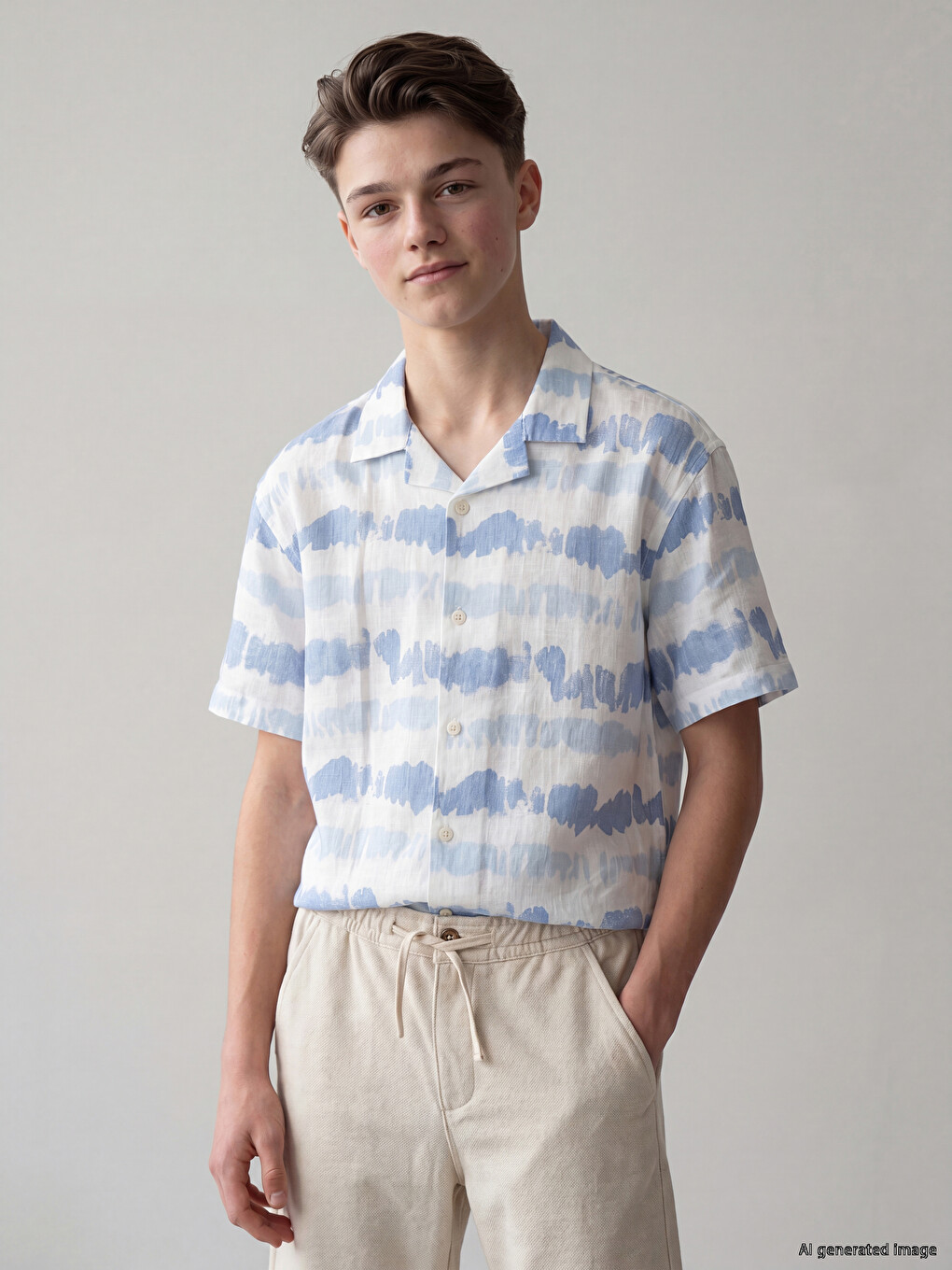 Mavi Batik Desenli Poplin Erkek Çocuk Gömlek