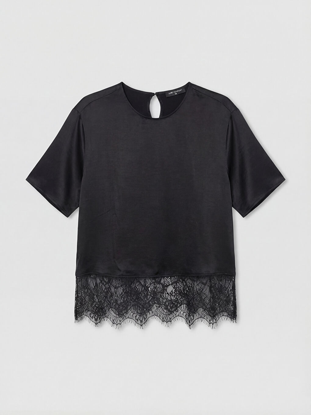 Siyah Bisiklet Yaka Dantel Detaylı Poplin Bluz