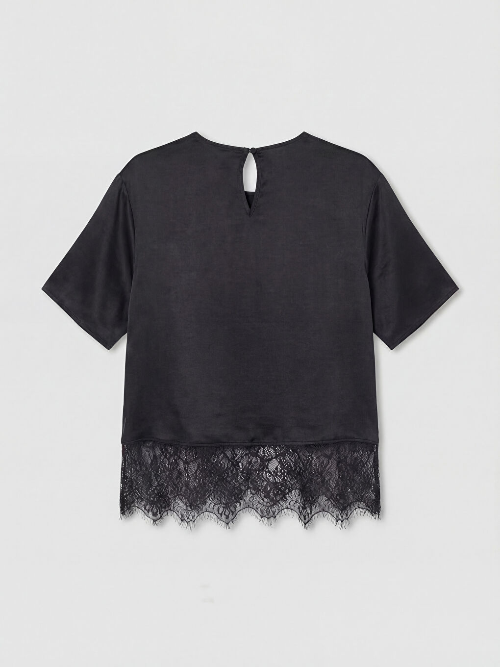 Siyah Bisiklet Yaka Dantel Detaylı Poplin Bluz-1
