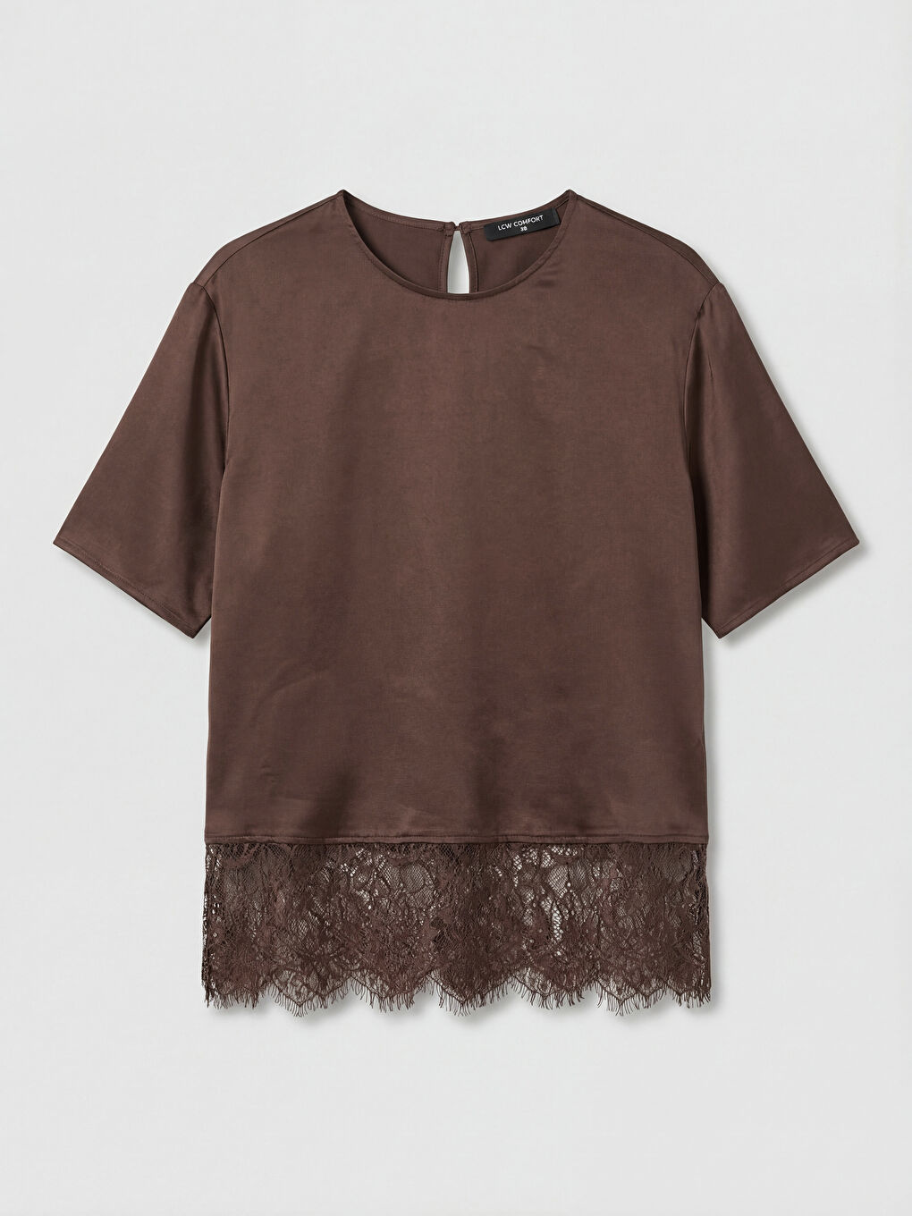 Kahverengi Bisiklet Yaka Dantel Detaylı Poplin Bluz