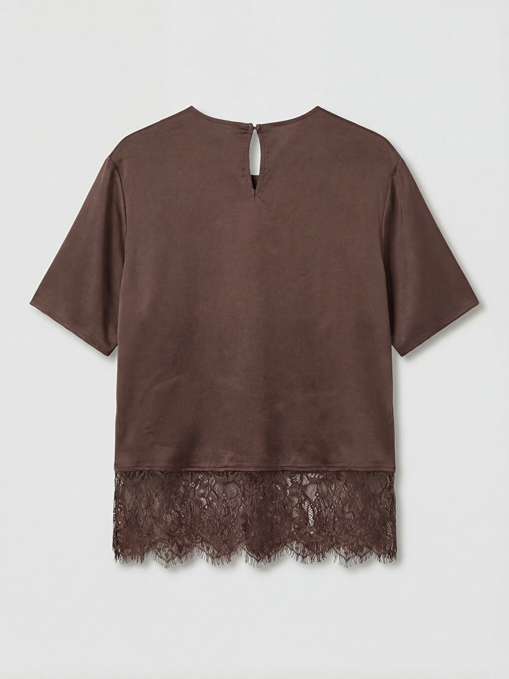 Kahverengi Bisiklet Yaka Dantel Detaylı Poplin Bluz-1