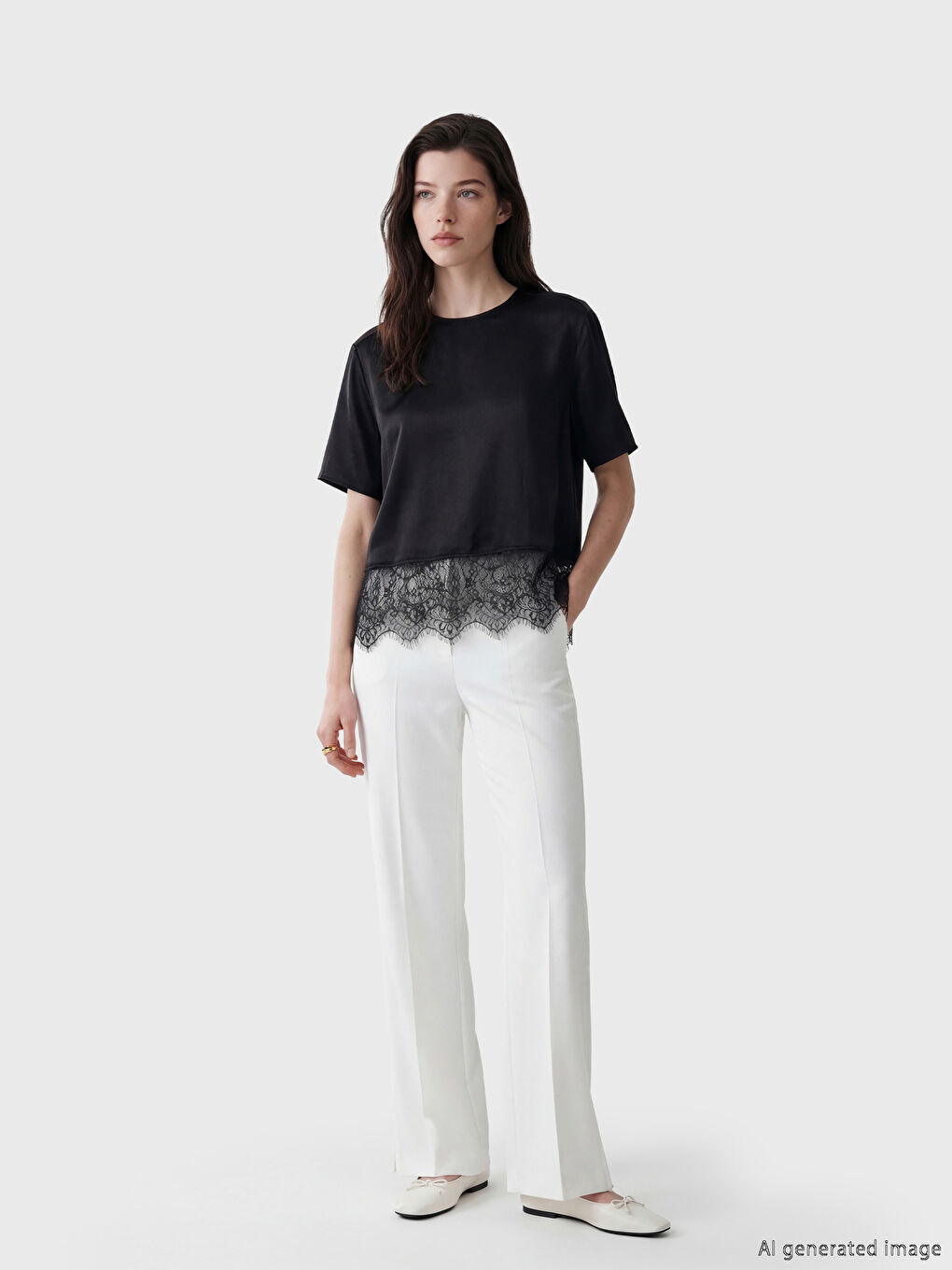 بلوزة بوبلين بياقة دائرية بتفاصيل من الدانتيل-1