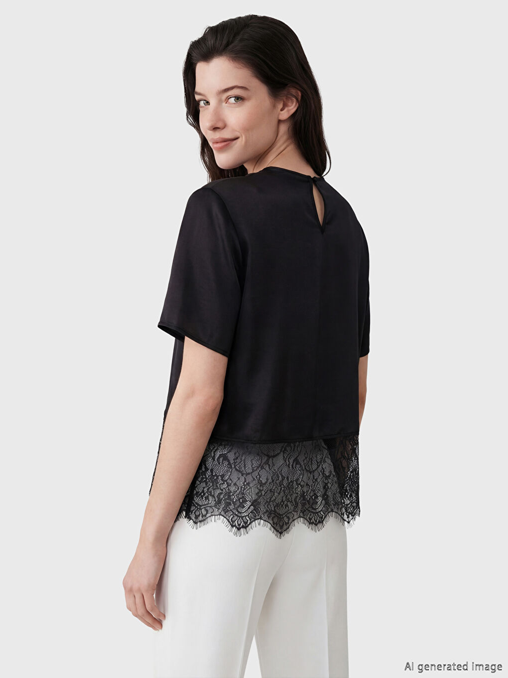 بلوزة بوبلين بياقة دائرية بتفاصيل من الدانتيل-2