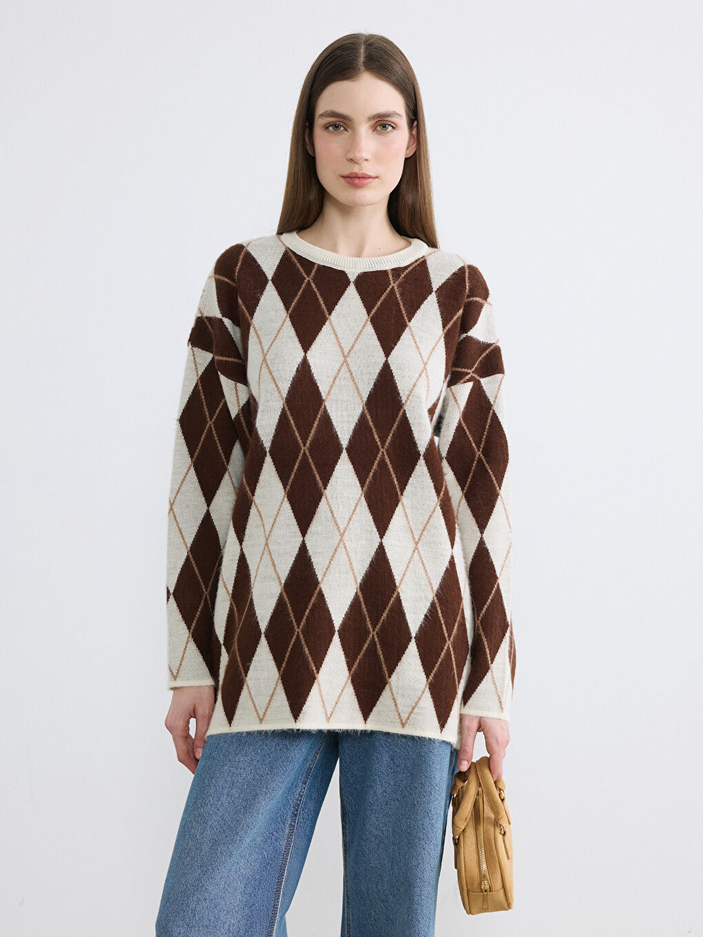 Bej Bisiklet Yaka Baklava Desenli Kadın Triko Kazak