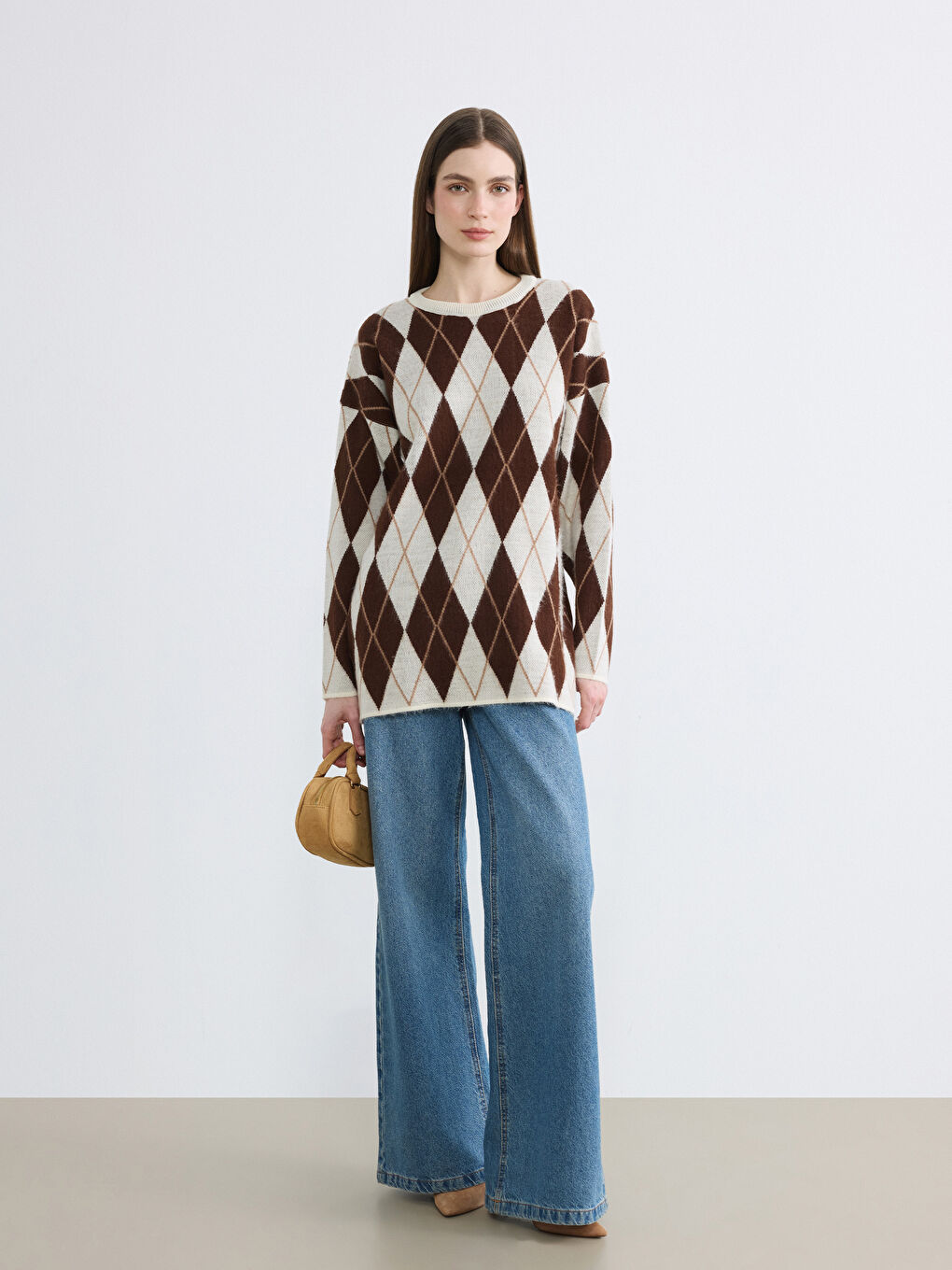 Bej Bisiklet Yaka Baklava Desenli Kadın Triko Kazak-1