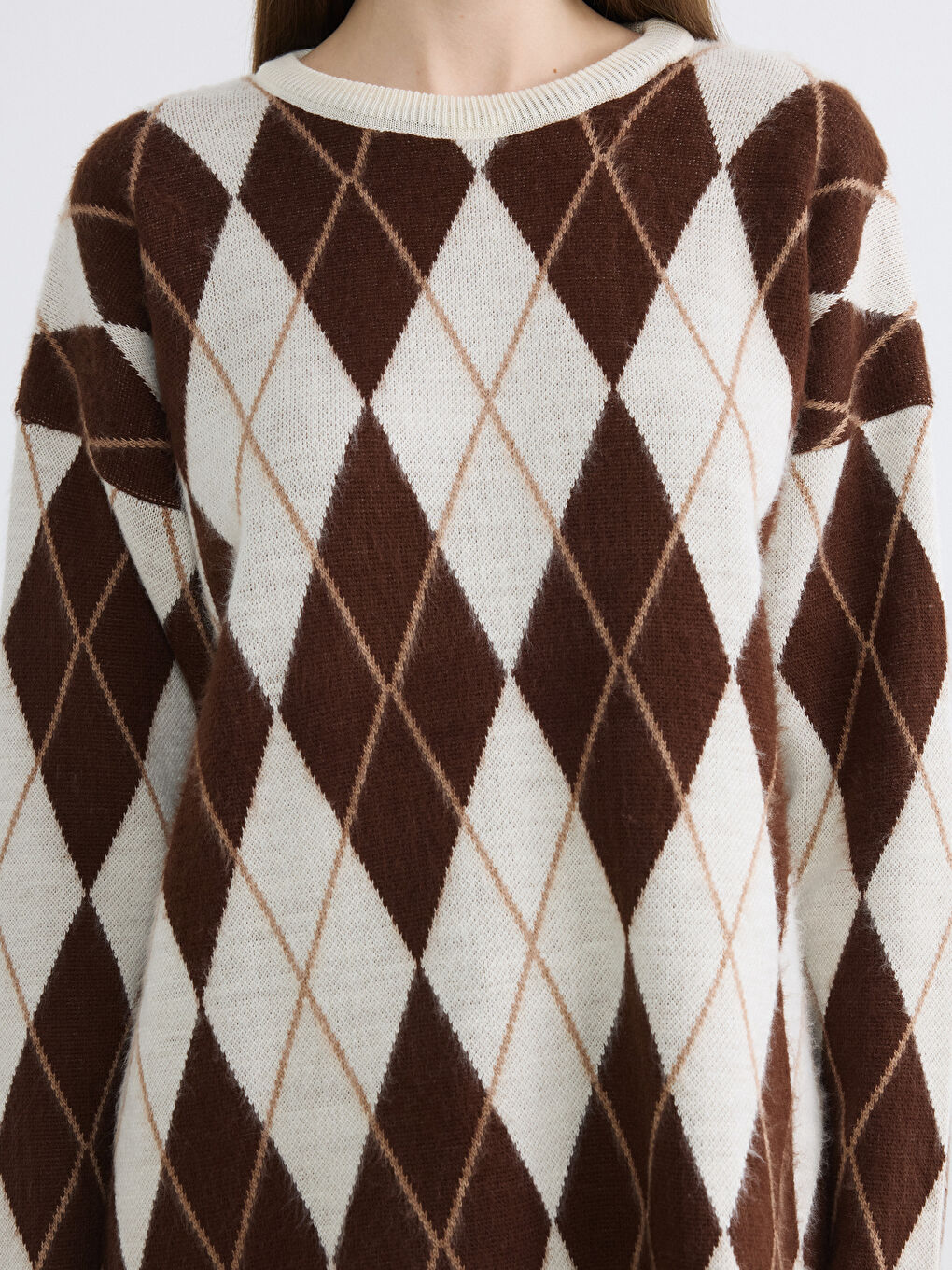 Bej Bisiklet Yaka Baklava Desenli Kadın Triko Kazak-2