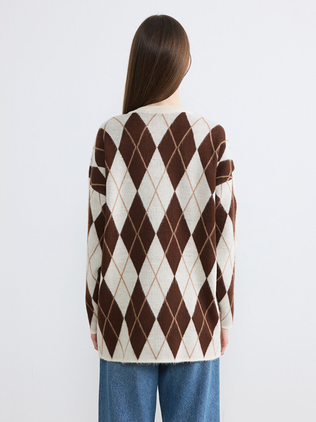 Bej Bisiklet Yaka Baklava Desenli Kadın Triko Kazak-3