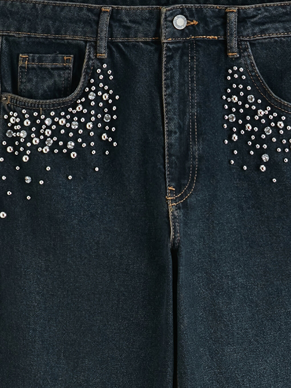 İndigo Taşlı Wideleg Kadın Jean Pantolon	-2