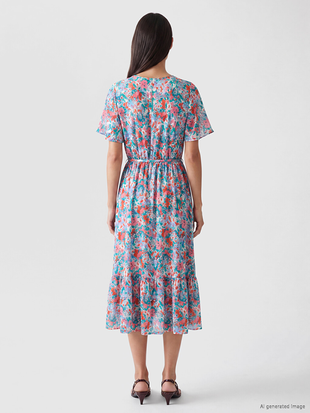 V Neck Floral Fitted Waist Dress-3