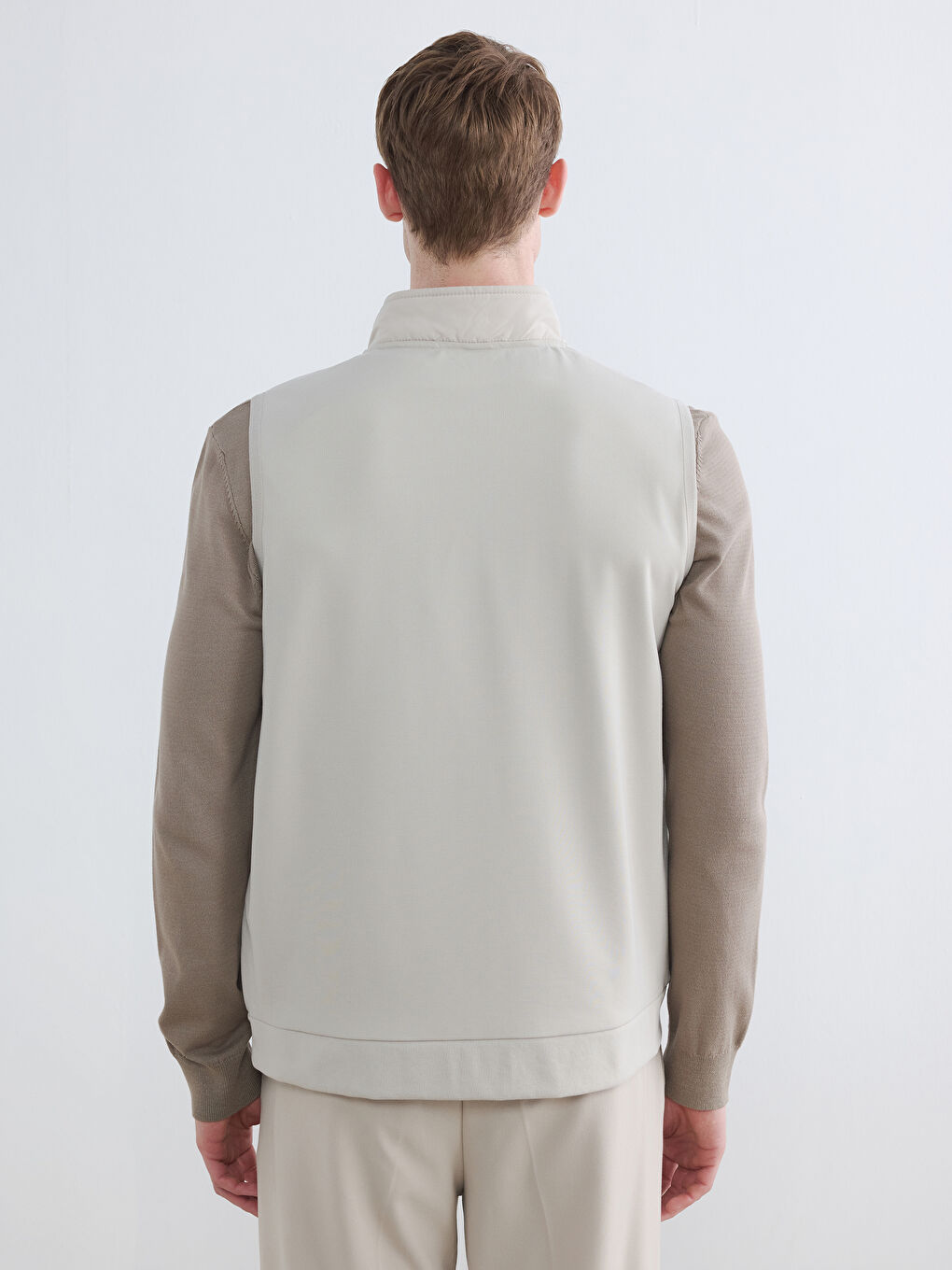 Bej Dik Yaka Erkek Fermuarlı Yelek-4