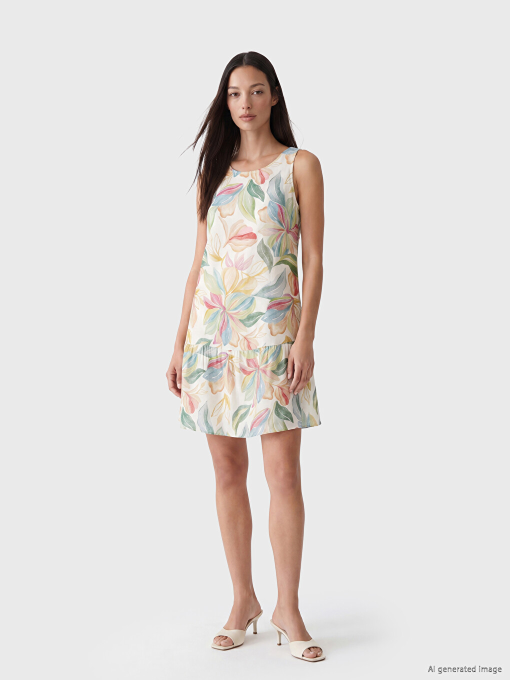 Crew Neck Floral Frilled Mini Dress
