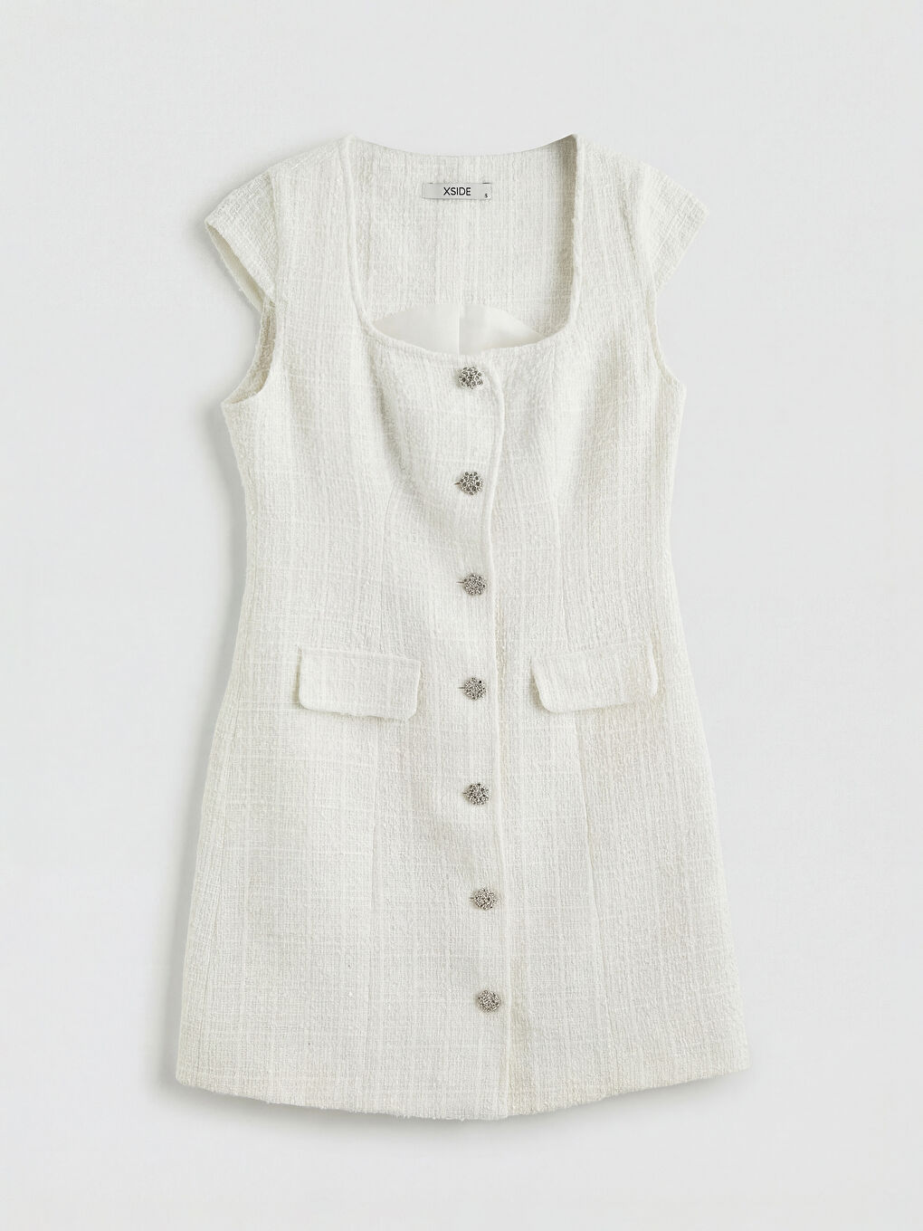 Beyaz Kare Yaka Tüvit Mini Elbise