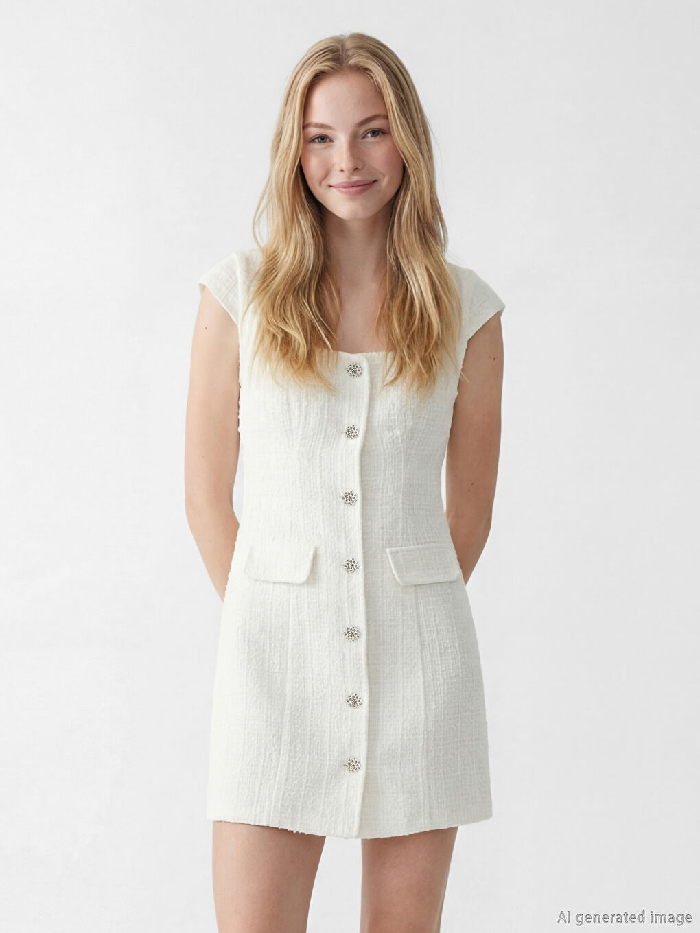 Rochie Mini din Țesătură Tweed cu Guler Pătrat-1