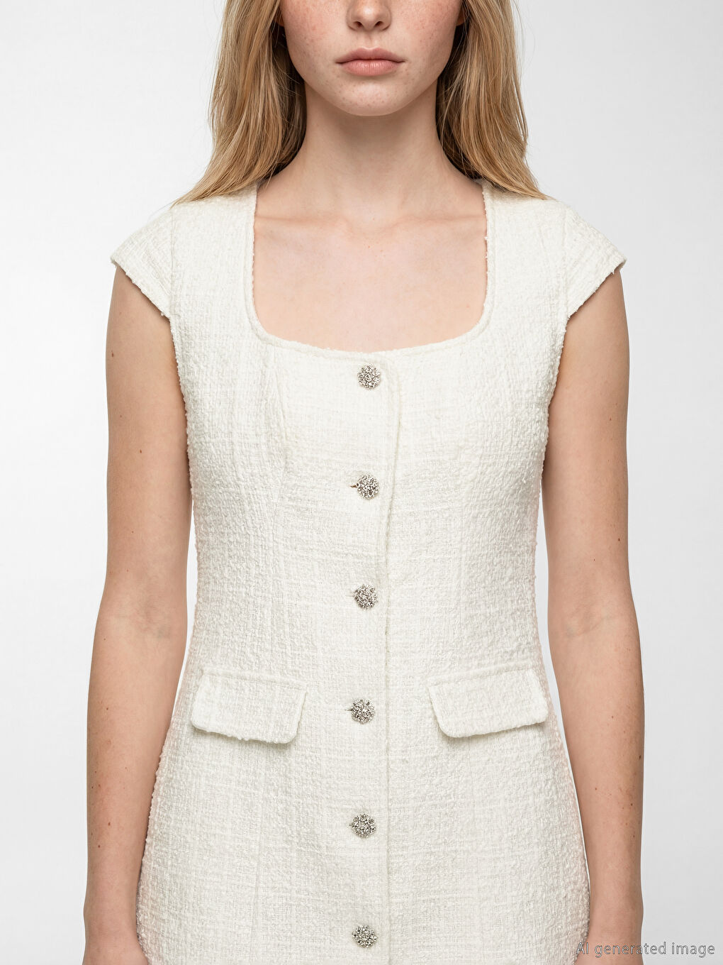 Rochie Mini din Țesătură Tweed cu Guler Pătrat-2