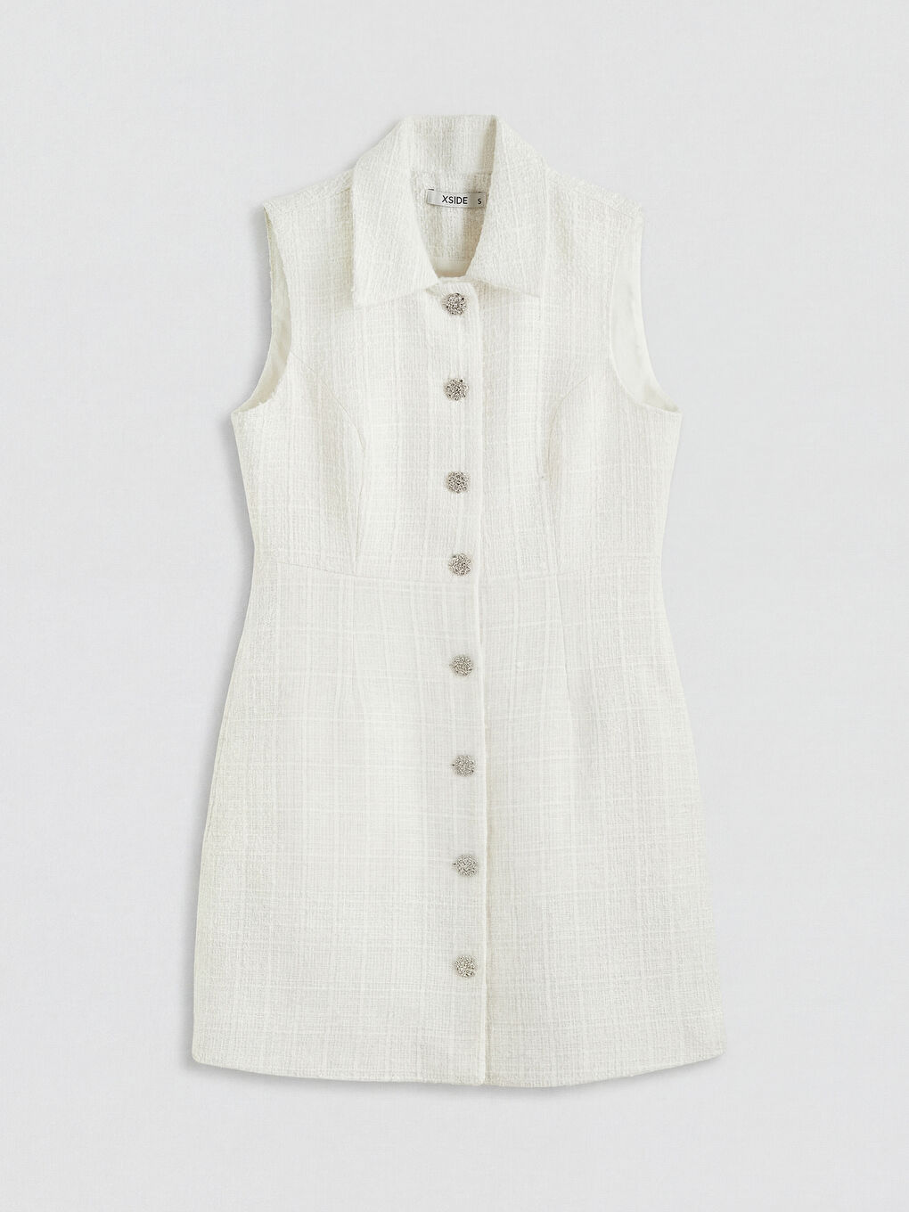 Ekru Gömlek Yaka Mini Tüvit Elbise