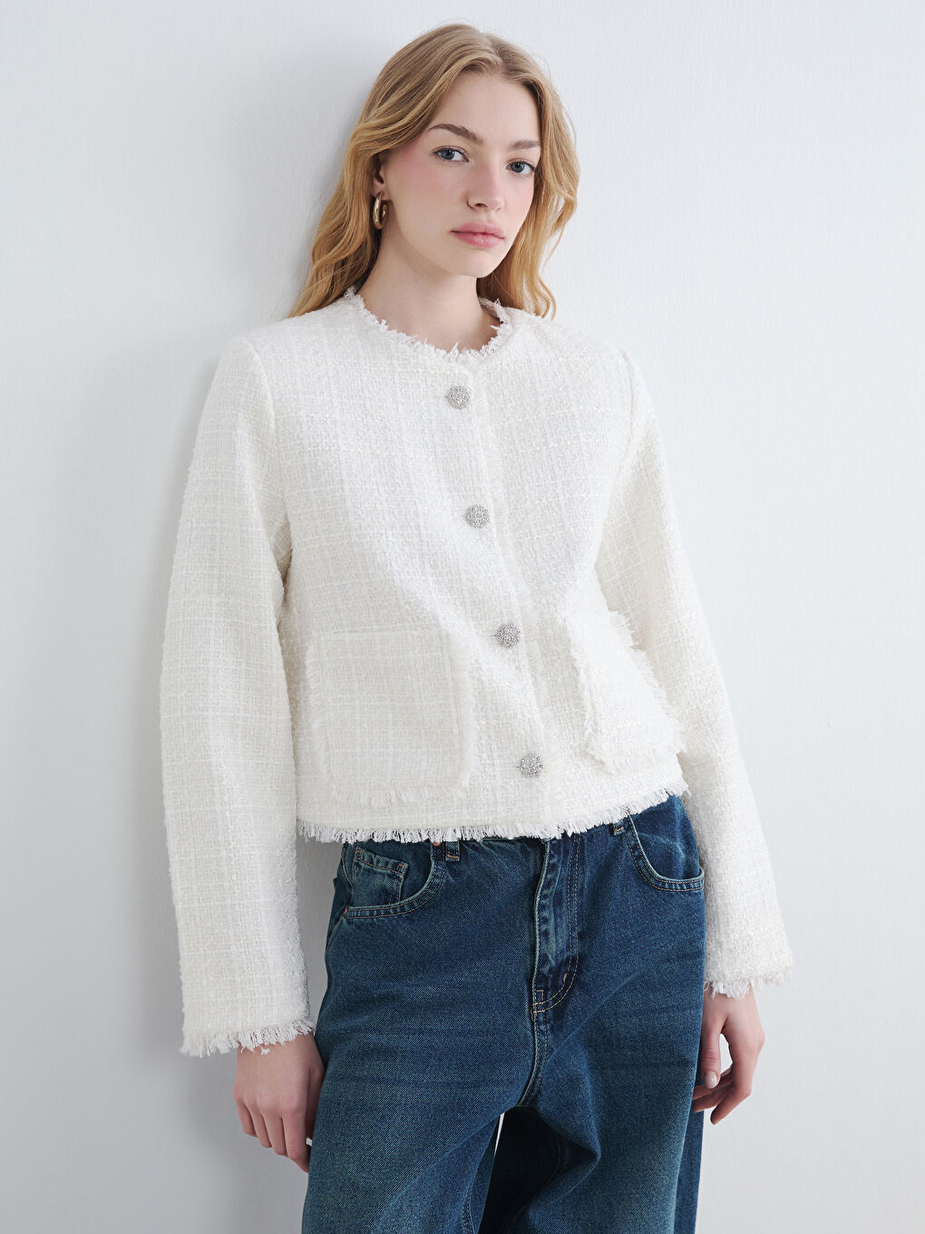 Ženska tvid jakna sa okruglim izrezom