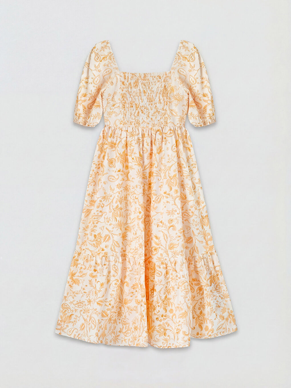 Turuncu Kare Yaka Desenli Poplin Belden Oturtmalı Elbise-1