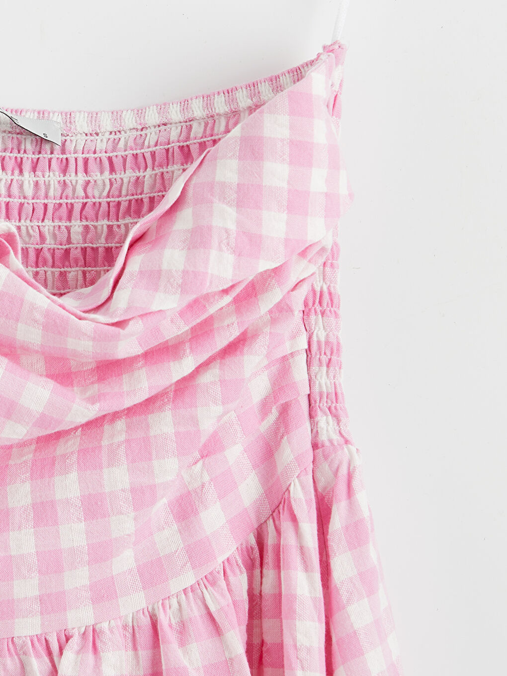 Pembe Straplez Yaka Ekose Büzgülü Elbise-2