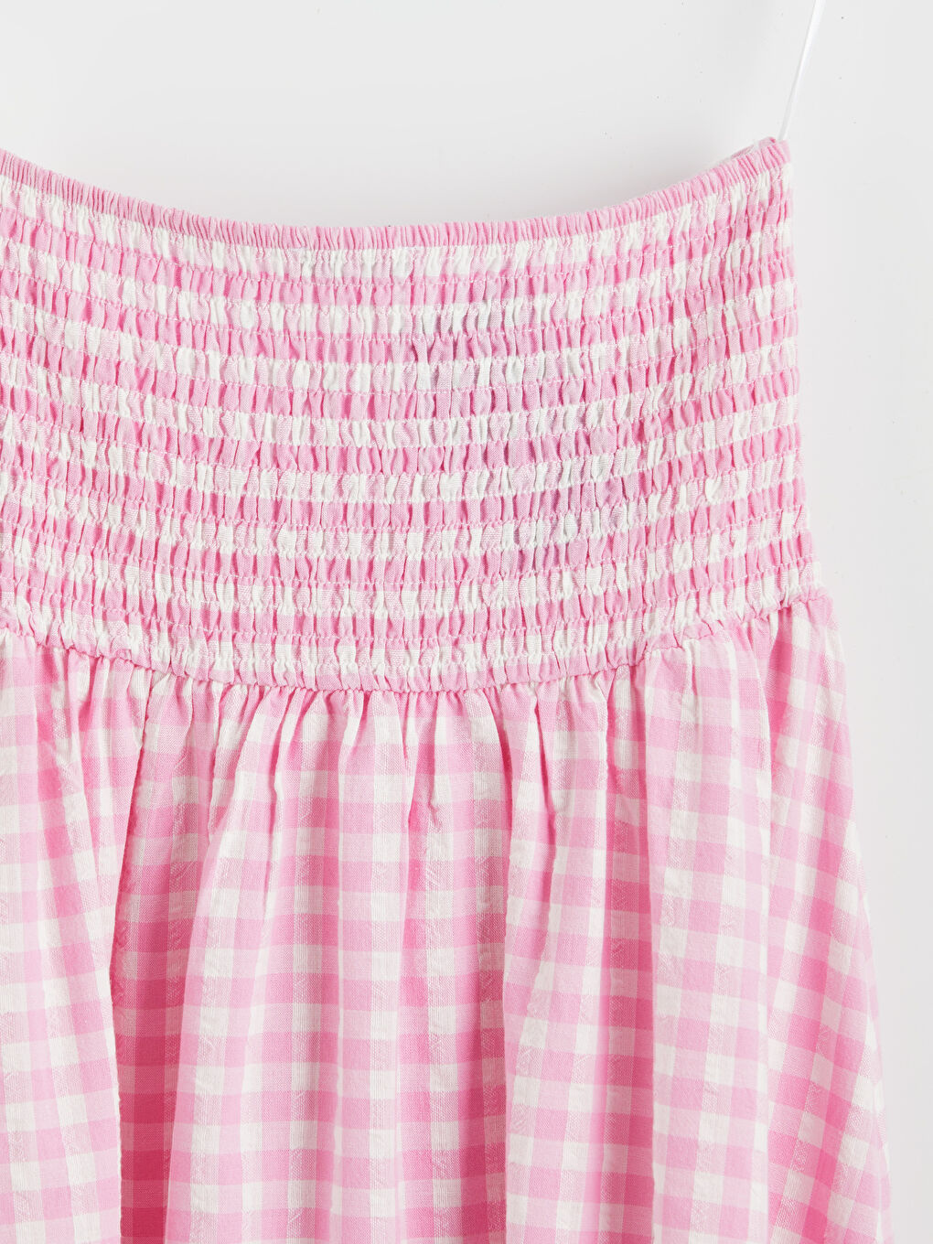 Pembe Straplez Yaka Ekose Büzgülü Elbise-3