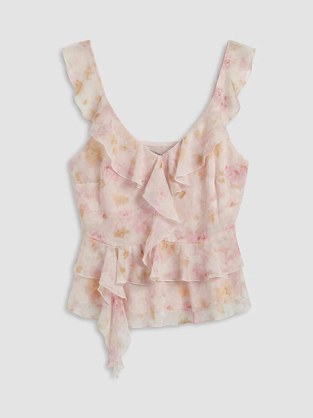 V Neck Frilled Floral Chiffon Blouse-4