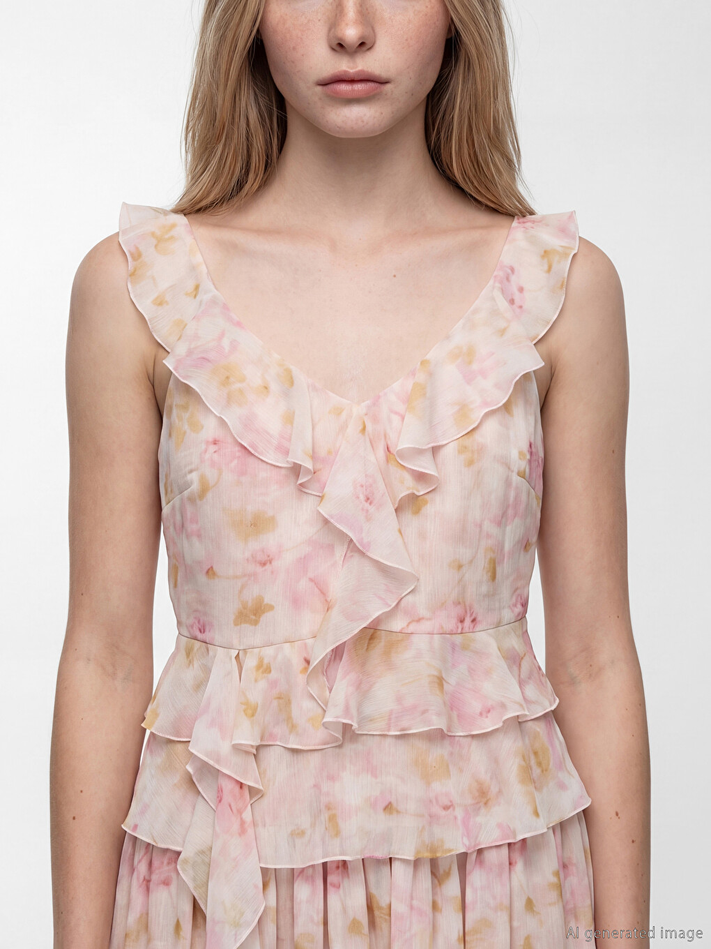 V Neck Frilled Floral Chiffon Blouse-2