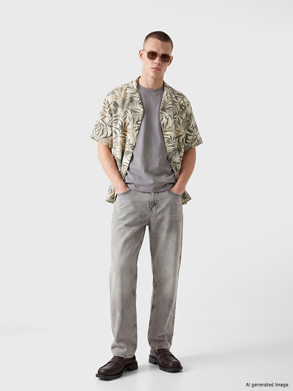 Yeşil Loose Fit Resort Yaka Desenli Erkek Gömlek-1