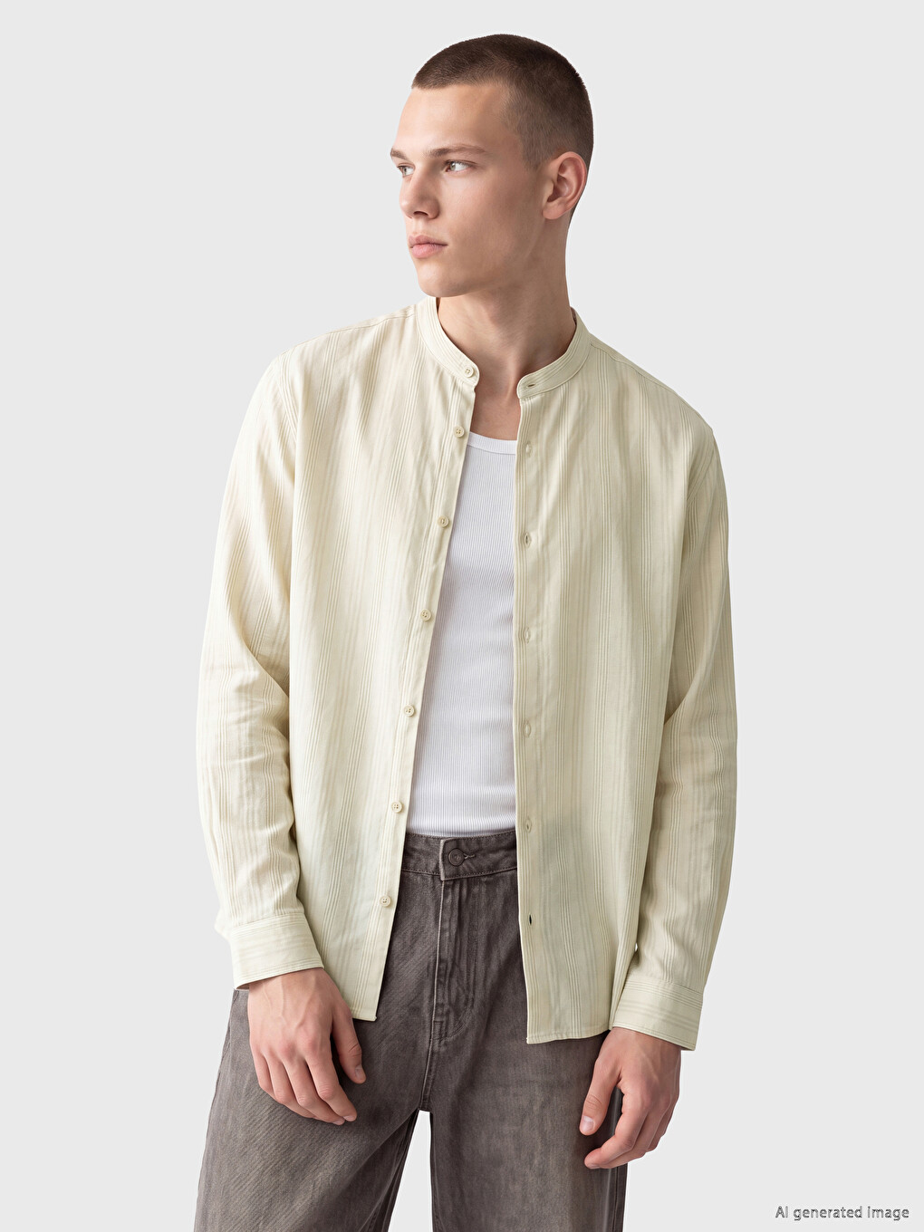 Bej Loose Fit Gabardin Erkek Gömlek