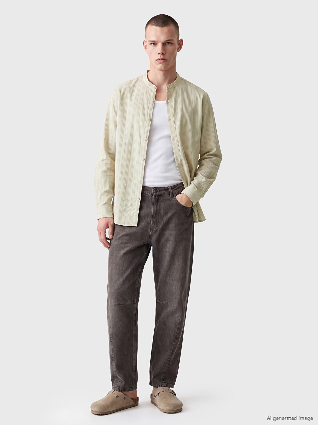 Bej Loose Fit Gabardin Erkek Gömlek-1