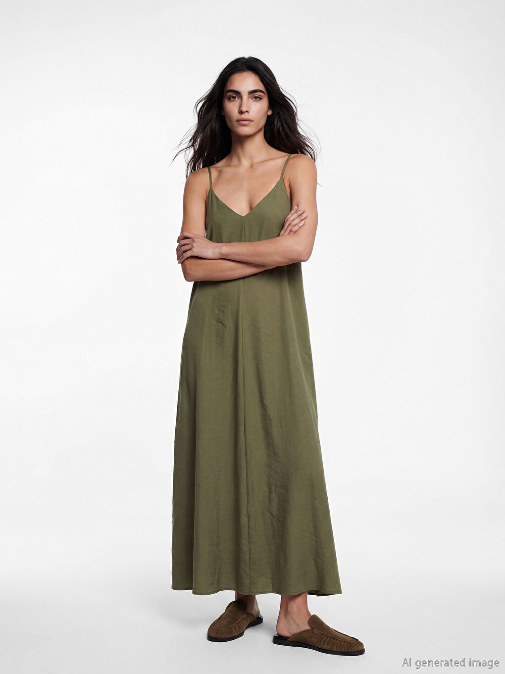 Haki V Yaka İp Askılı A Kesim Elbise