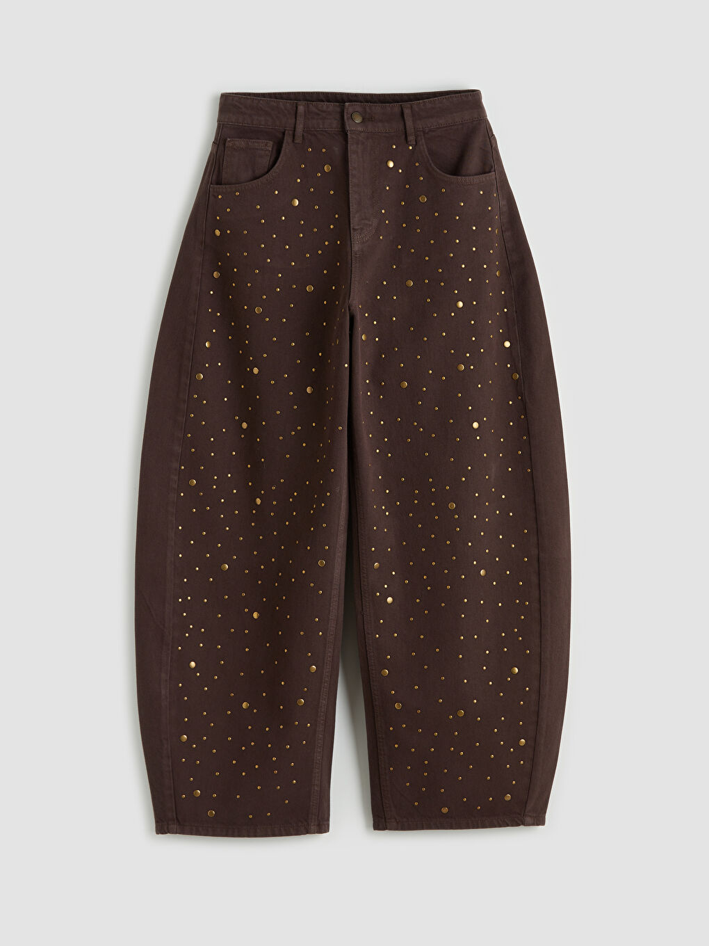 Kahverengi Zımba İşlemeli Balloon Fit Kadın Jean Pantolon-1