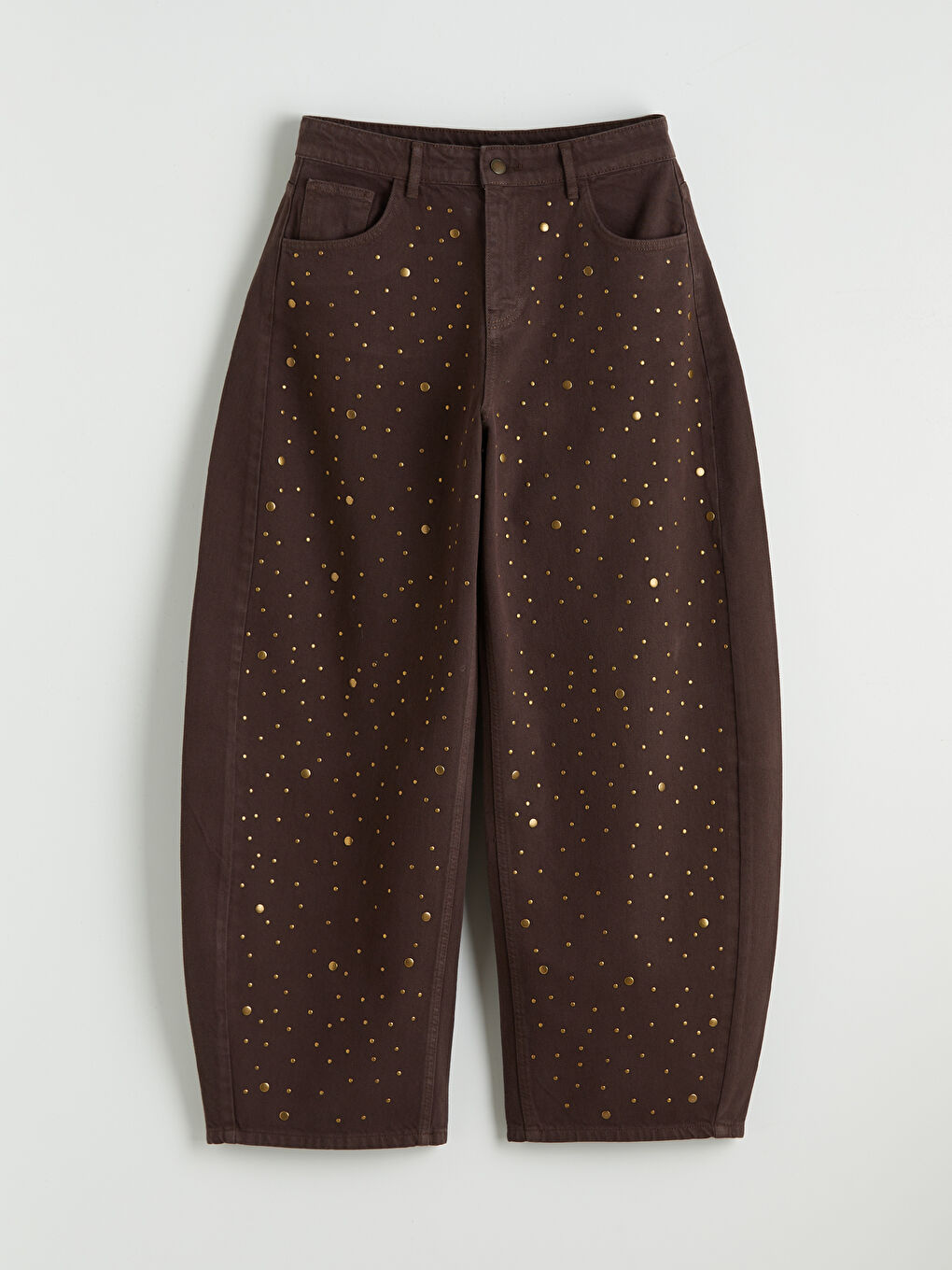 Kahverengi Zımba İşlemeli Balloon Fit Kadın Jean Pantolon