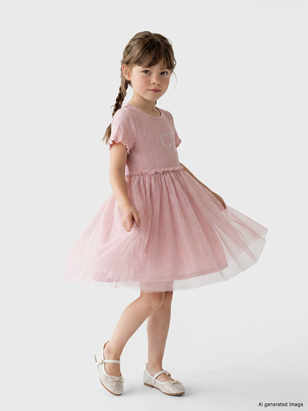 Crew Neck Tulle Detailed Girls' Ribbed Dress