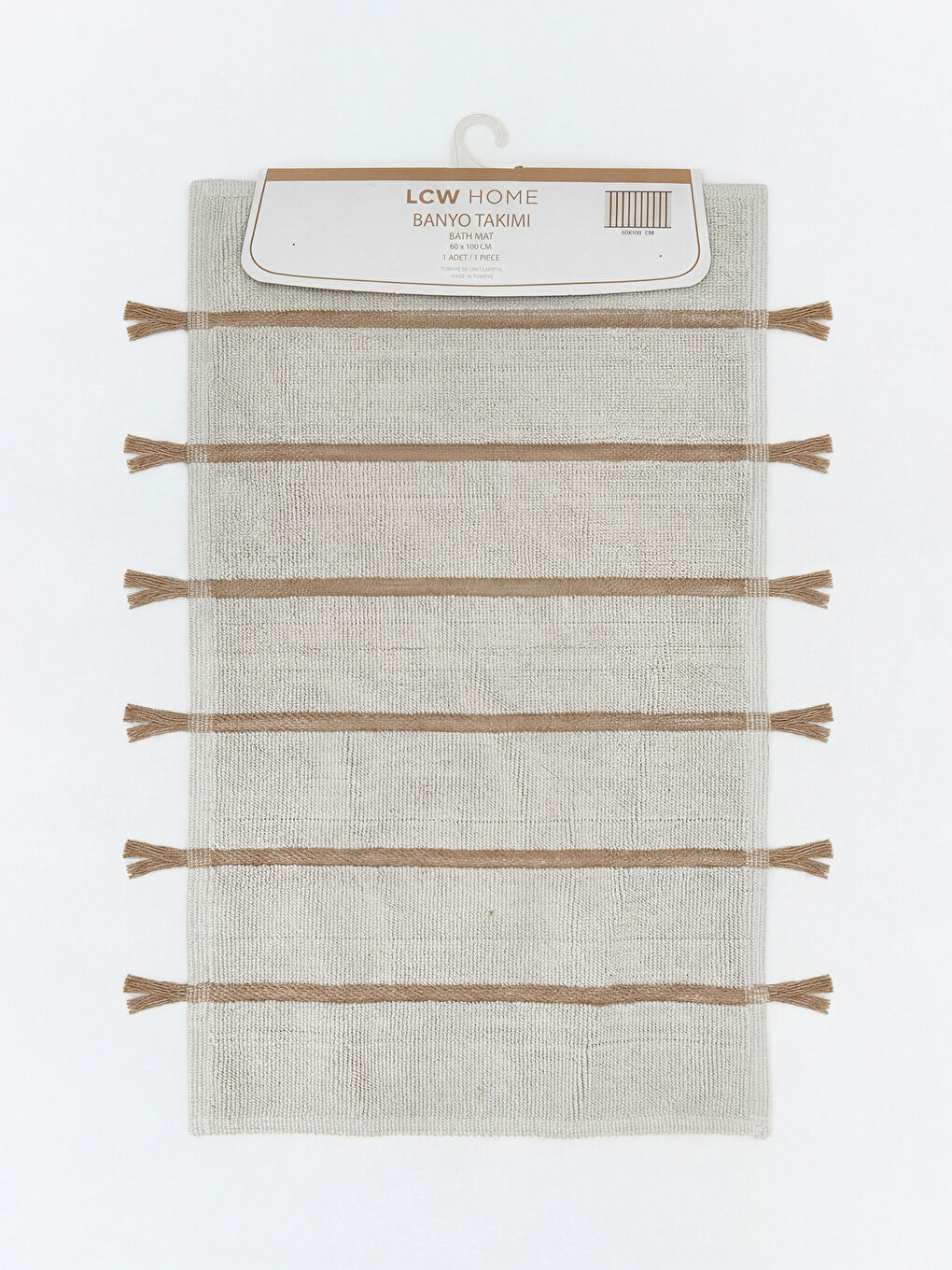 Bej Püskül Detaylı Çizgili Banyo Paspası 60x100 cm