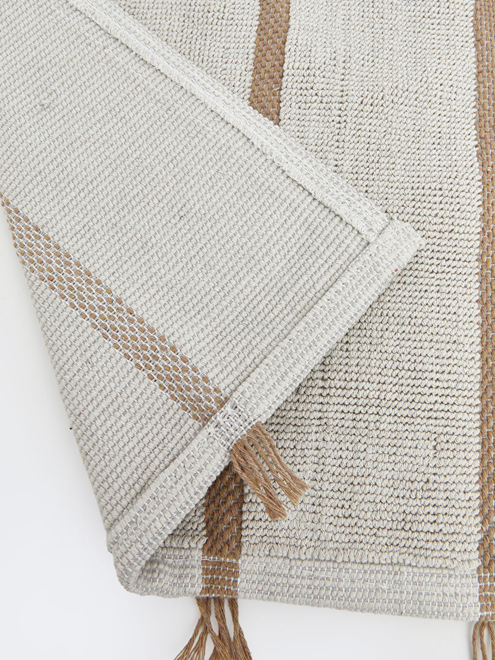 Bej Püskül Detaylı Çizgili Banyo Paspası 60x100 cm-2