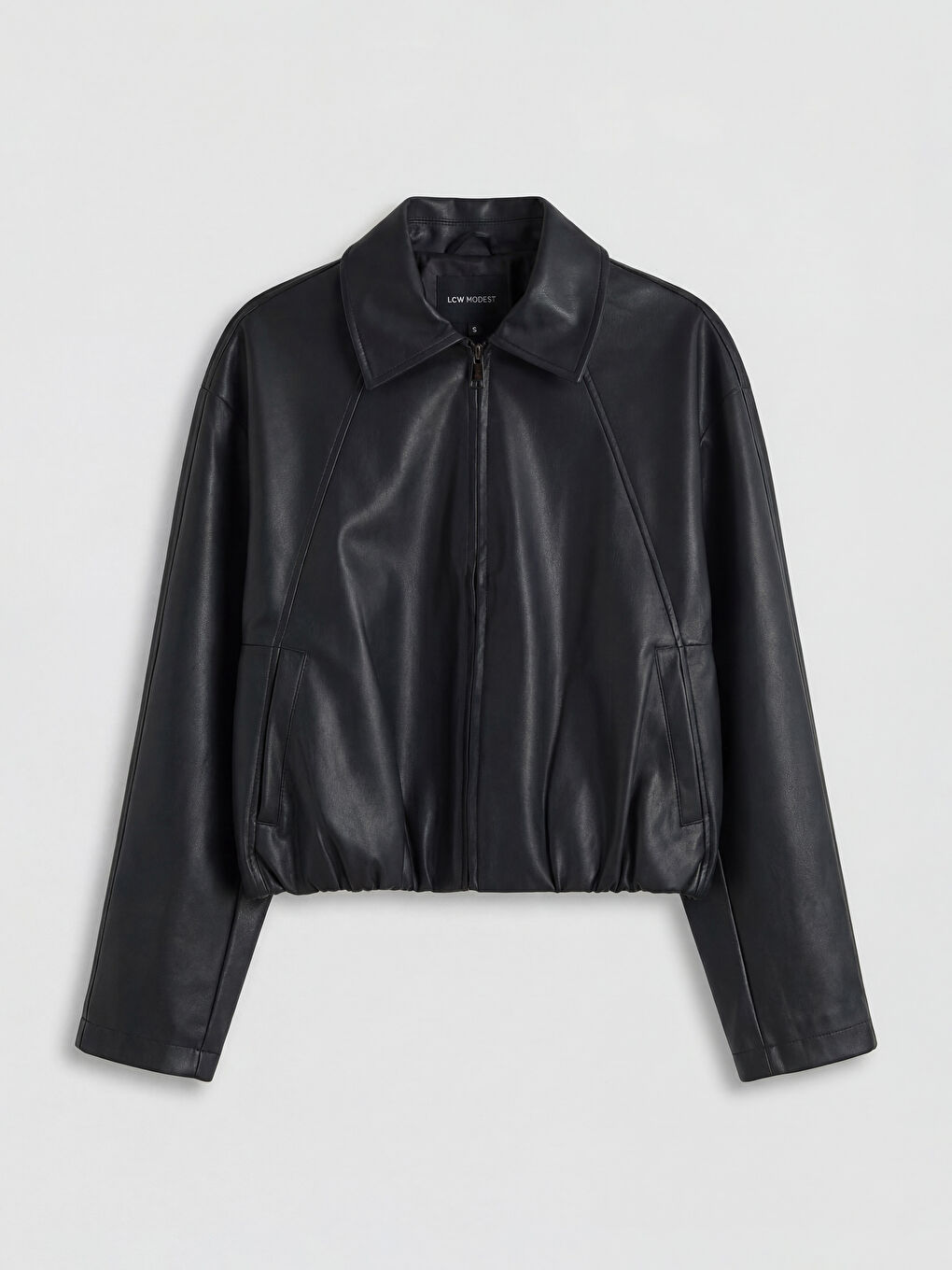 Siyah Gömlek Yaka Oversize Kadın Deri Görünümlü Ceket