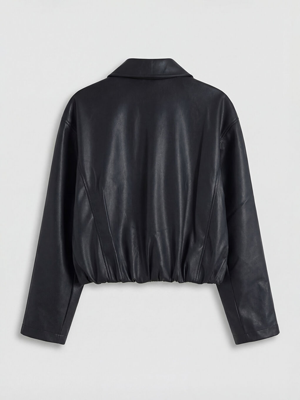 Siyah Gömlek Yaka Oversize Kadın Deri Görünümlü Ceket-1