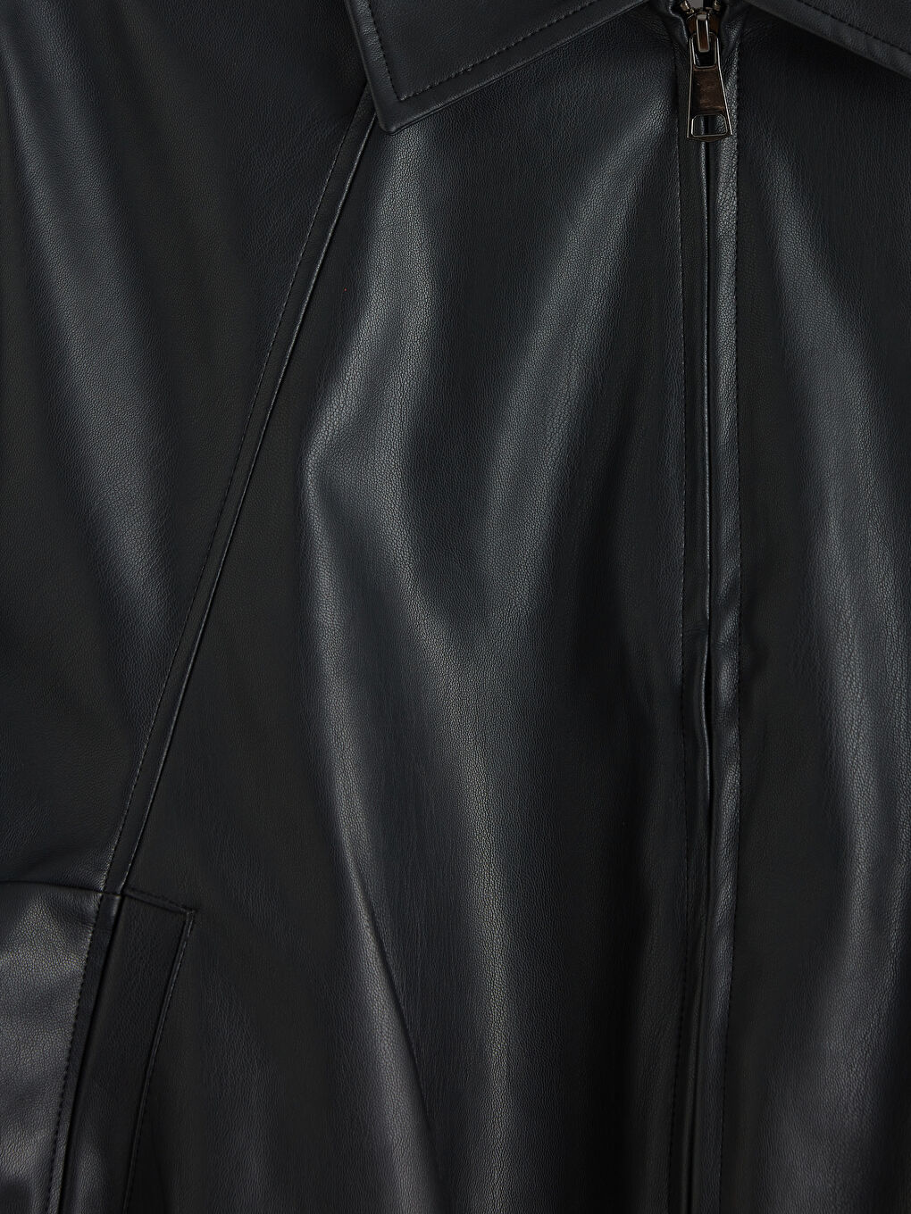 Siyah Gömlek Yaka Oversize Kadın Deri Görünümlü Ceket-2