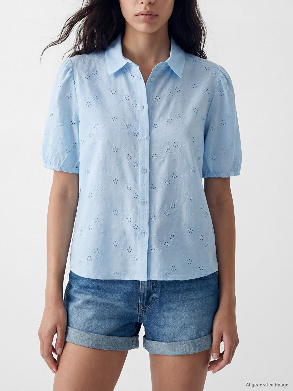 Balloon Sleeved Women's Broderie Shirt-2