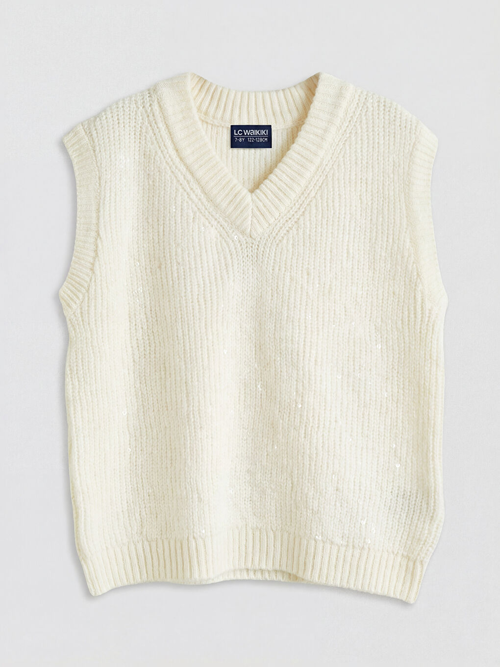 Ekru V Yaka Pul İşlemeli Kız Çocuk Triko Süveter