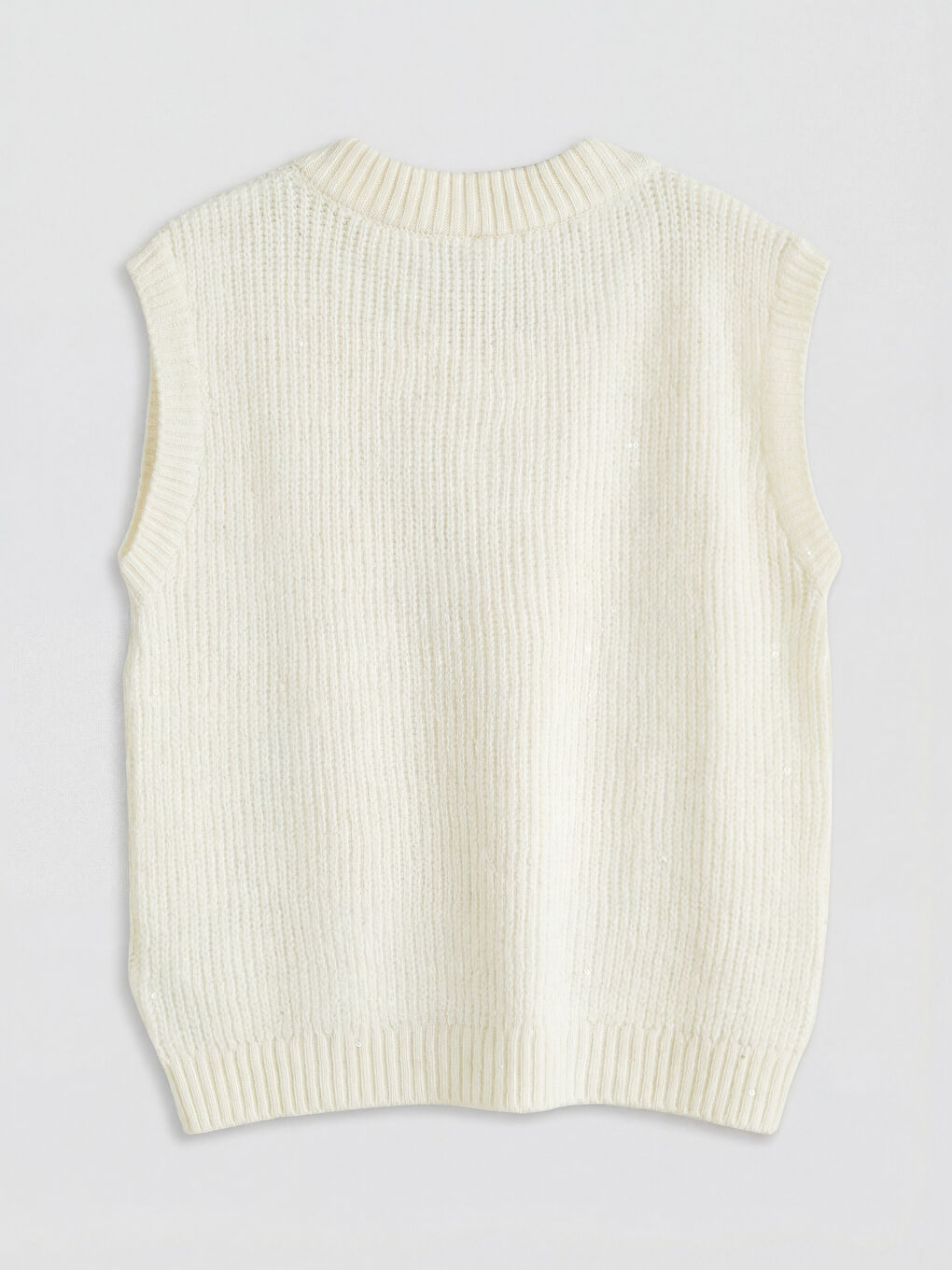 Ekru V Yaka Pul İşlemeli Kız Çocuk Triko Süveter-1