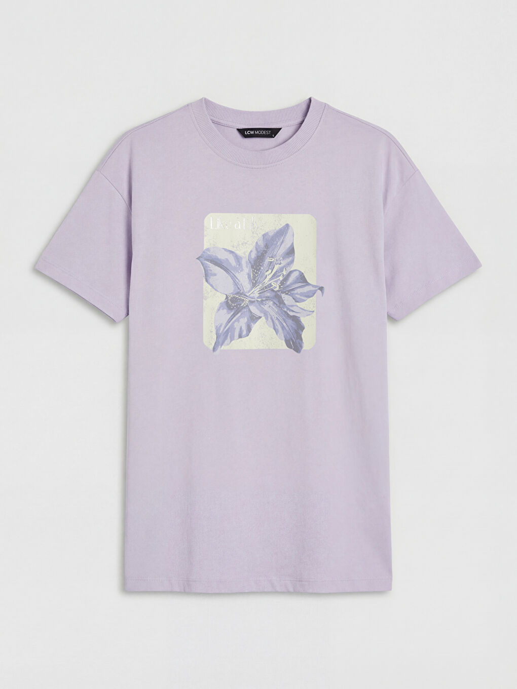 Lila Bisiklet Yaka Baskılı Kadın Tişört