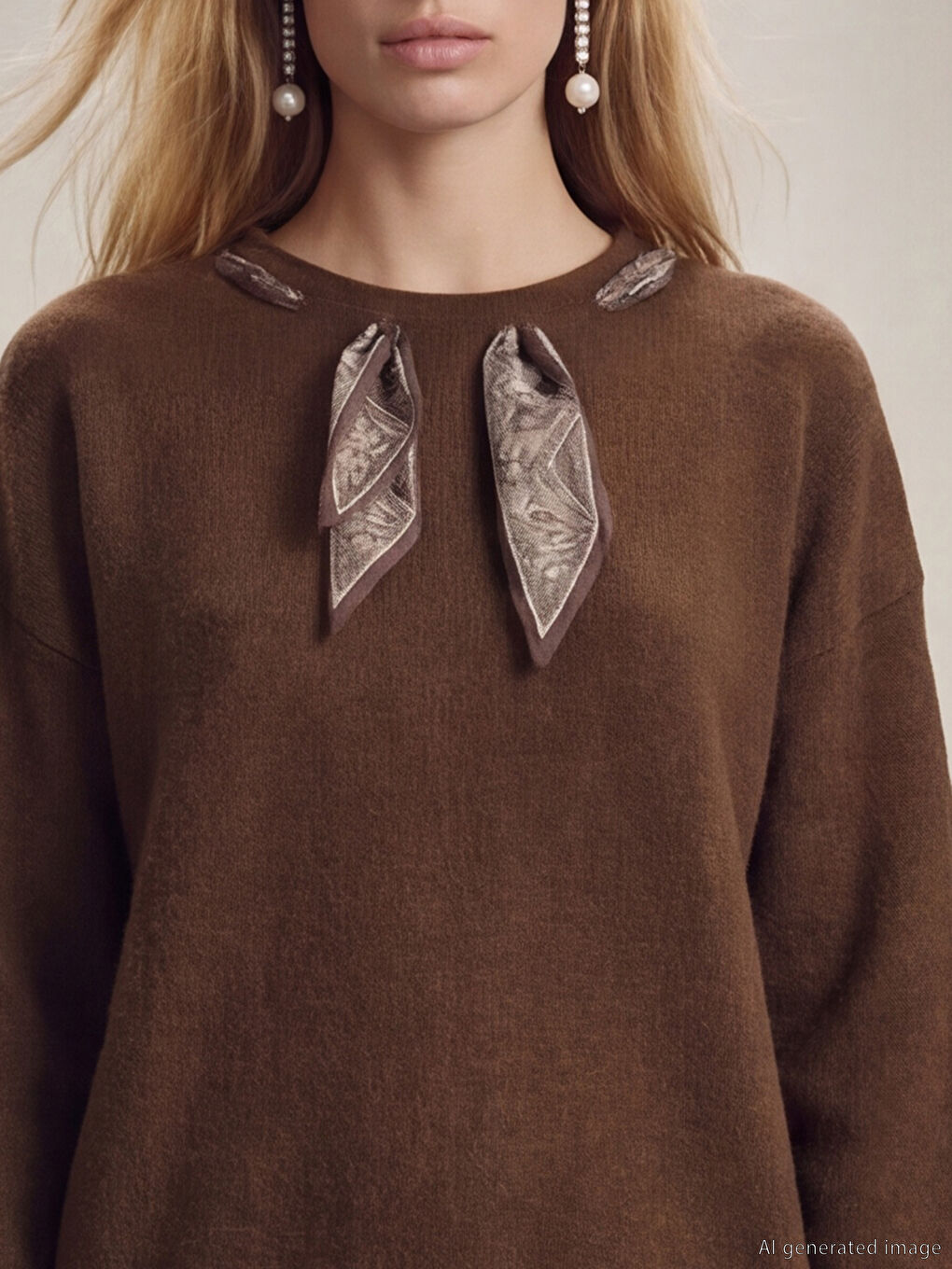 Kahverengi Bisiklet Yaka Fular Detaylı Kadın Triko Kazak-2