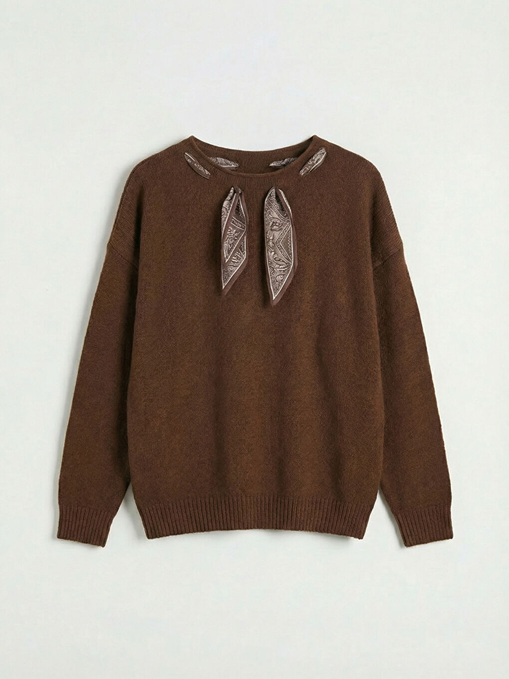 Kahverengi Bisiklet Yaka Fular Detaylı Kadın Triko Kazak-4